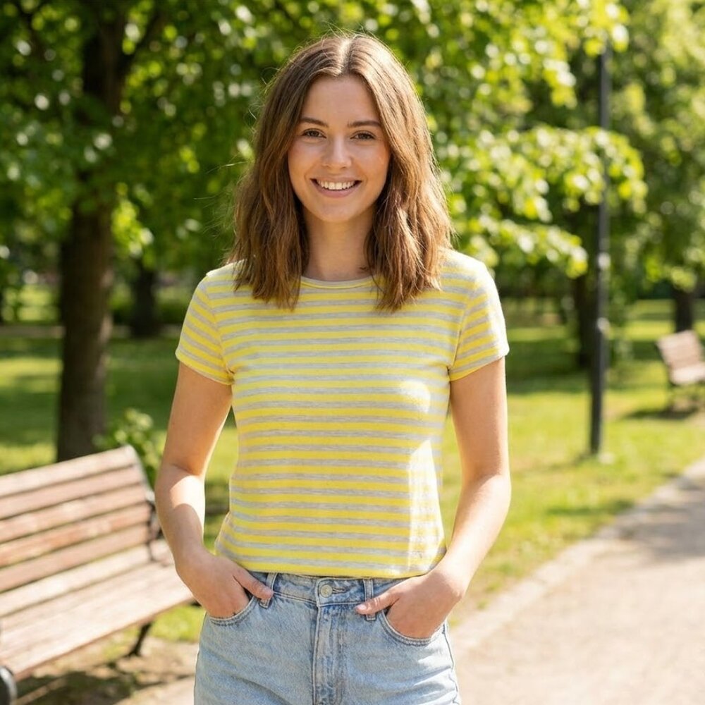 Ann Taylor Striped Crewneck Short Sleeve Top in Yellow & Tan Size Large